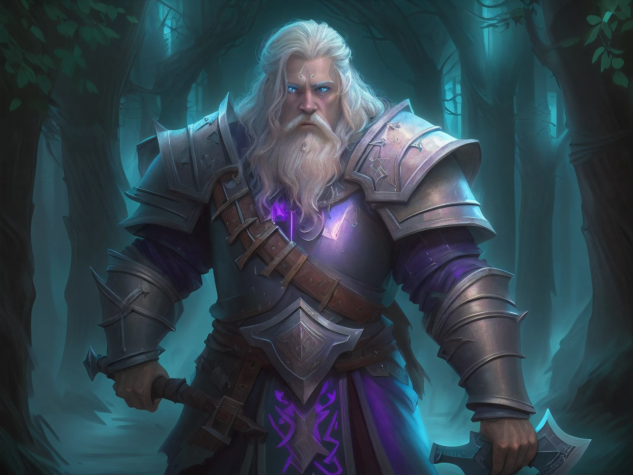 a picture of dwarf paladin of the crown protecting the palace, 1male dwarf, holy knight, protector of the crown, full body (best details, Masterpiece, best quality :1.5), blond hair, long hair, blond beard, full body (best details, Masterpiece, best quality :1.5), ultra detailed face (best details, Masterpiece, best quality :1.5), muscular, blond hair, long hair, braided hair, blue eyes, intense eyes, wearying heavy armor,  white armor (best details, Masterpiece, best quality :1.5), purple cloak, flowing cloak, armed with an axe fantasyaxe axe, glowing axe, glowing runes on axe, GlowingRunes_purple,  fantasy palace background, D&D art, RPG art, magical atmosphere magic-fantasy-forest, ultra best realistic, best details, best quality, 16k, [ultra detailed], masterpiece, best quality, (extremely detailed), ultra wide shot, photorealism, depth of field, hyper realistic painting,