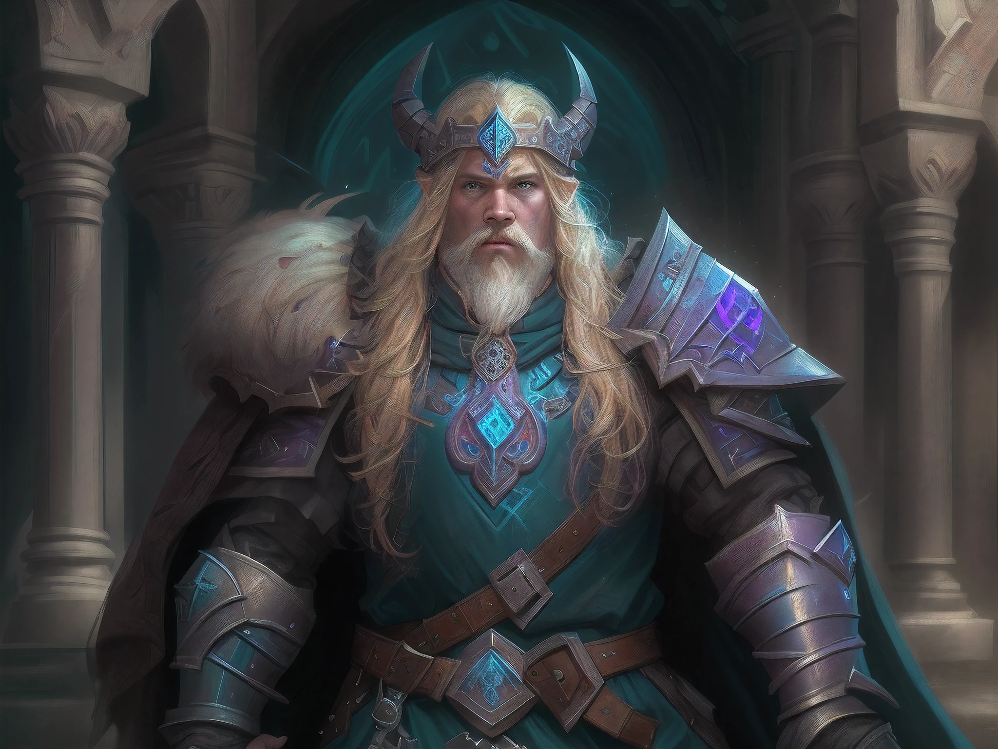 a picture of dwarf paladin of the crown protecting the palace, 1male dwarf, holy knight, protector of the crown, full body (best details, Masterpiece, best quality :1.5), blond hair, long hair, blond beard, full body (best details, Masterpiece, best quality :1.5), ultra detailed face (best details, Masterpiece, best quality :1.5), muscular, blond hair, long hair, braided hair, blue eyes, intense eyes, wearying heavy armor,  white armor (best details, Masterpiece, best quality :1.5), purple cloak, flowing cloak, armed with an axe fantasyaxe axe, glowing axe, glowing runes on axe, GlowingRunes_purple,  fantasy palace background, D&D art, RPG art, magical atmosphere magic-fantasy-forest, ultra best realistic, best details, best quality, 16k, [ultra detailed], masterpiece, best quality, (extremely detailed), ultra wide shot, photorealism, depth of field, hyper realistic painting,