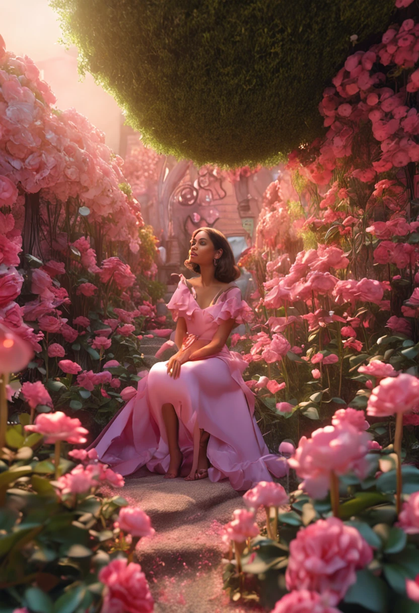 um jardim com borboletas e uma princesinha com seu vertido de cor rosa e seu cabelos cacheados