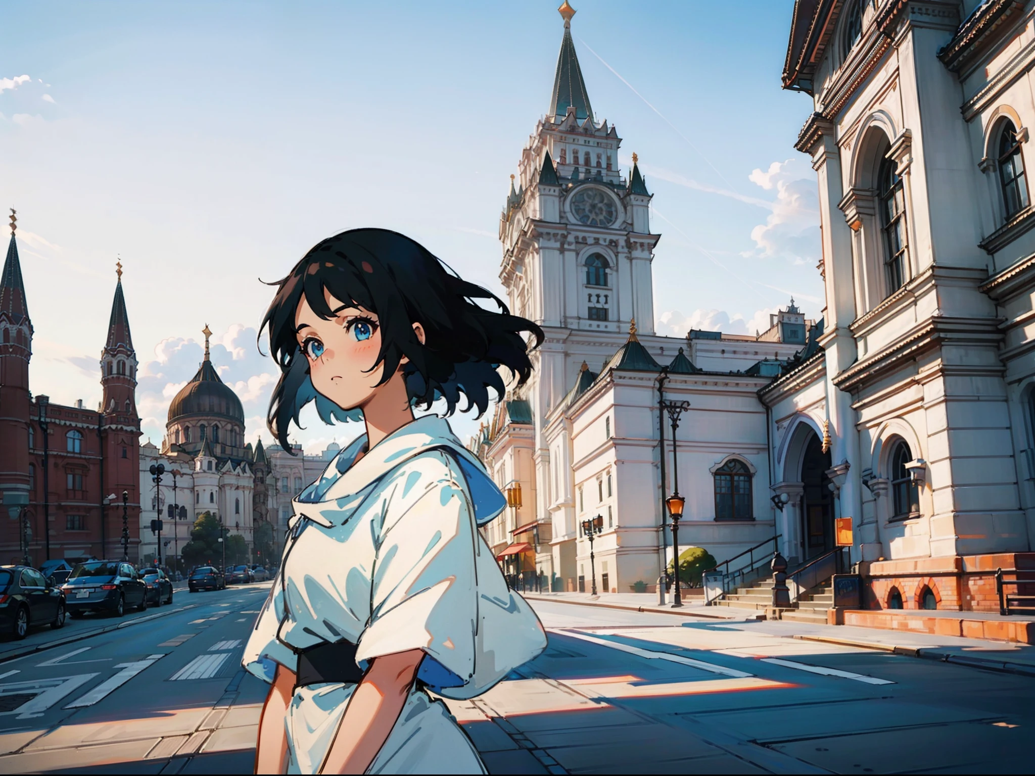 The girl wears a white shirt on her upper body，Short black hair，Looking into the distance，Realistic lighting，with blue sky and white clouds，clear skies，beauitful face，Delicate makeup，8K，Ultra-clear，High-quality graphics，infinite details，style of anime，A gentle breeze，the street，Moscow Square