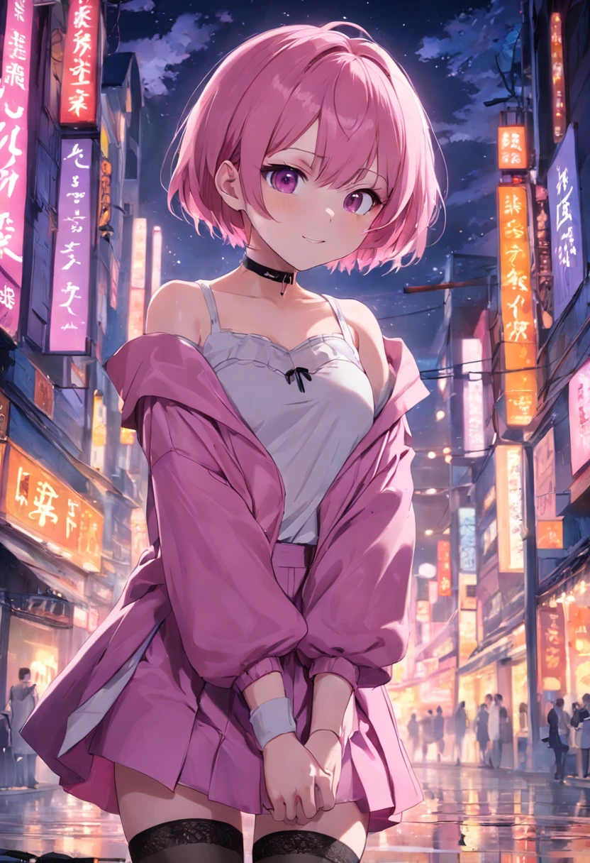 pink short hair，Purple pupils，Blackn clothes，JK Campus，white stockings，Tall and tall，Bad smile，lakeside，hair adornments