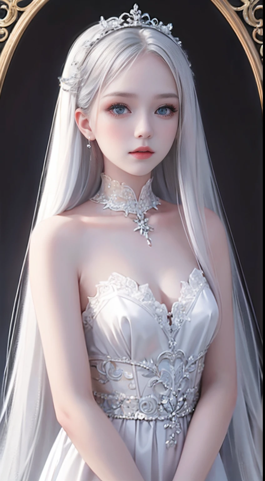 silber hair、Very long hair、pale skin、Full nudity, clean , a closed mouth、mournful、 best qualtiy、​masterpiece、hight resolution、1girl in、 girl, a white girl, The Deep Face of the Moat, Silvery hair, Bangs, Upper body photo,large full breasts, Nothing is worn, length hair,