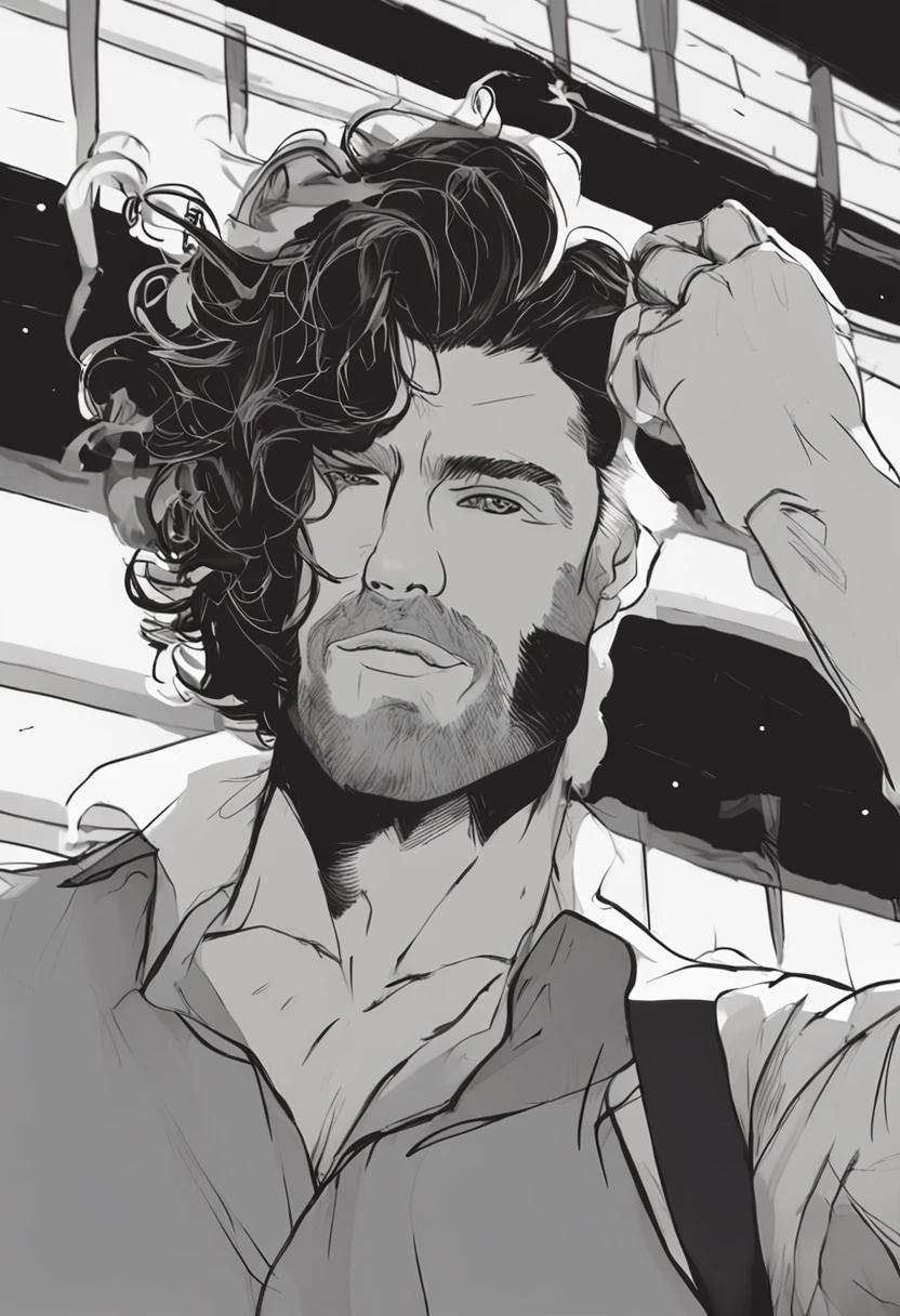 Um homem de 1.80 com 22 anos. Usando um sobre tudo, covering your arms. Cabelo curto ondulado preto, com corte shag hair. and black iris eyes. With navy blue pants and a book in hand.