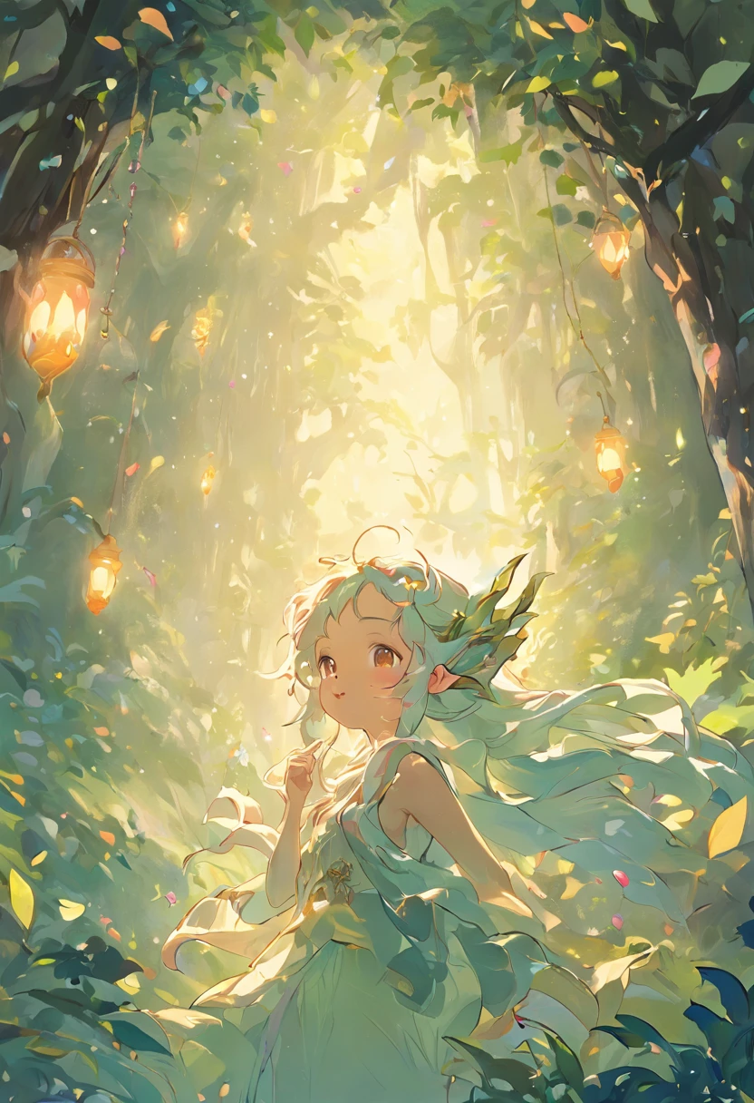 Image type:illustration、Fantasy painting theme:tiny faeries(Highest definition)(cute facial features) Details keywords:ln the forest、Wisteria rose、As estrelas、the elf、(ultra intricately detailed) enviroment:mistic、peacful、Huge lighting effects:Soft sunlight shining on the face of the elf composition:Genie in the center of the picture,Forests and wisteria roses form the background,Elves blowing bubbles by the tree Art style:fanciful、dream magical、Delicate drawing technique、pastelcolor