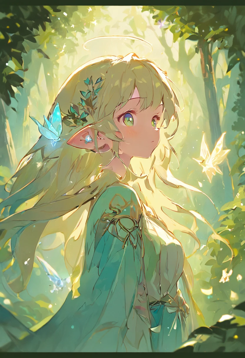 Image type:illustration、Fantasy painting theme:tiny faeries(Highest definition)(cute facial features) Details keywords:ln the forest、Wisteria rose、As estrelas、the elf、(ultra intricately detailed) enviroment:mistic、peacful、Huge lighting effects:Soft sunlight shining on the face of the elf composition:Genie in the center of the picture,Forests and wisteria roses form the background,Elves blowing bubbles by the tree Art style:fanciful、dream magical、Delicate drawing technique、pastelcolor