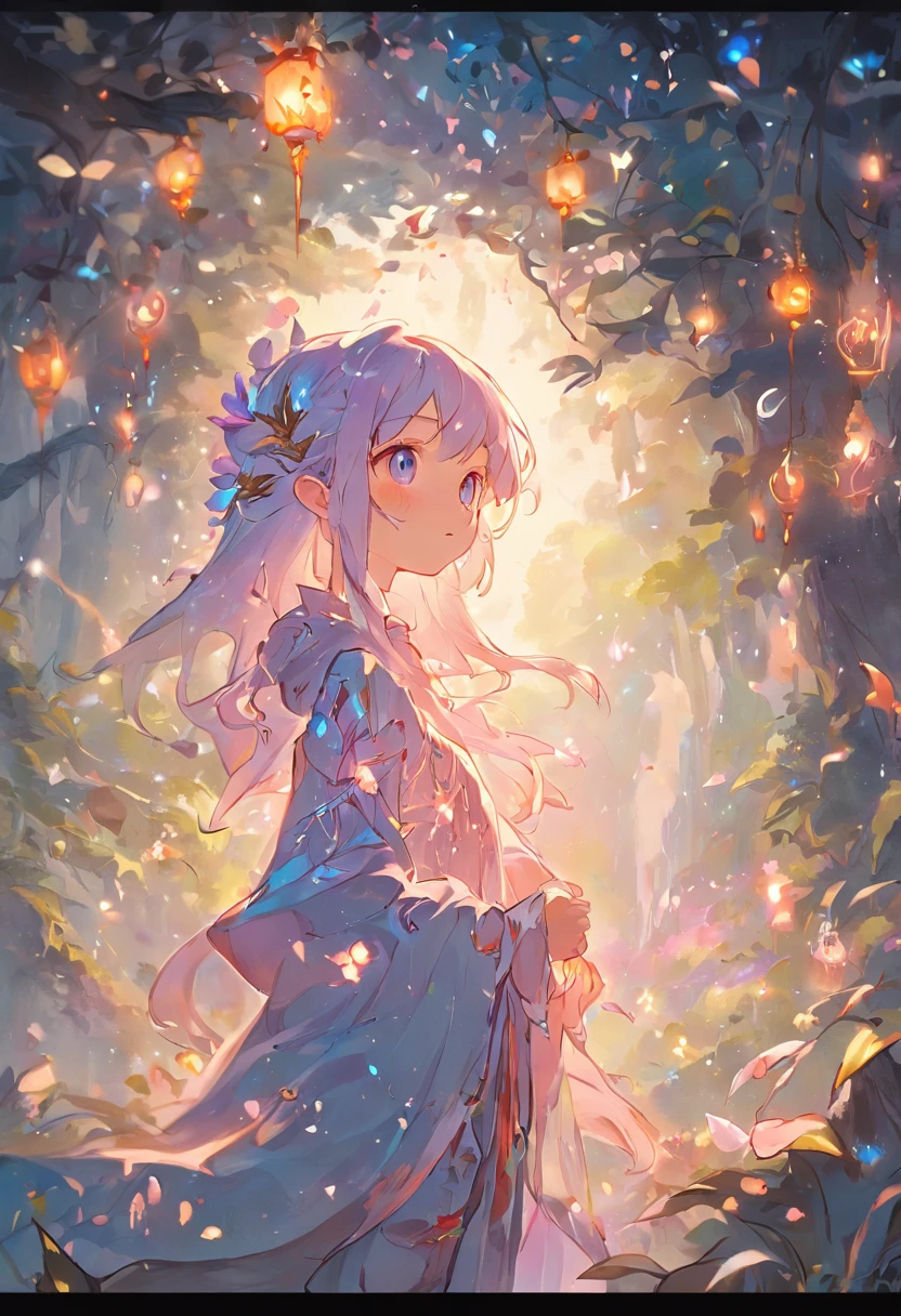 Image type：illustration、Fantasy painting theme：tiny faeries(Highest definition)(cute facial features) Details keywords：ln the forest、Wisteria rose、As estrelas、the elf、(ultra intricately detailed) enviroment：mistic、peacful、Huge lighting effects：Soft sunlight shining on the face of the elf composition：Genie in the center of the picture，Forests and wisteria roses form the background，Elves blowing bubbles by the tree Art style：fanciful、dream magical、Delicate drawing technique、pastelcolor