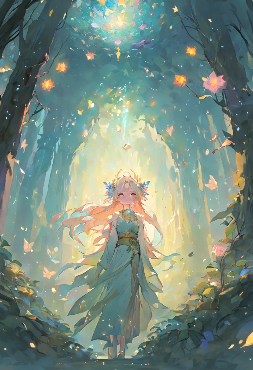 Image type:illustration、Fantasy painting theme:tiny faeries(Highest definition)(cute facial features) Details keywords:ln the forest、Wisteria rose、As estrelas、the elf、(ultra intricately detailed) enviroment:mistic、peacful、Huge lighting effects:Soft sunlight shining on the face of the elf composition:Genie in the center of the picture,Forests and wisteria roses form the background,Elves blowing bubbles by the tree Art style:fanciful、dream magical、Delicate drawing technique、pastelcolor