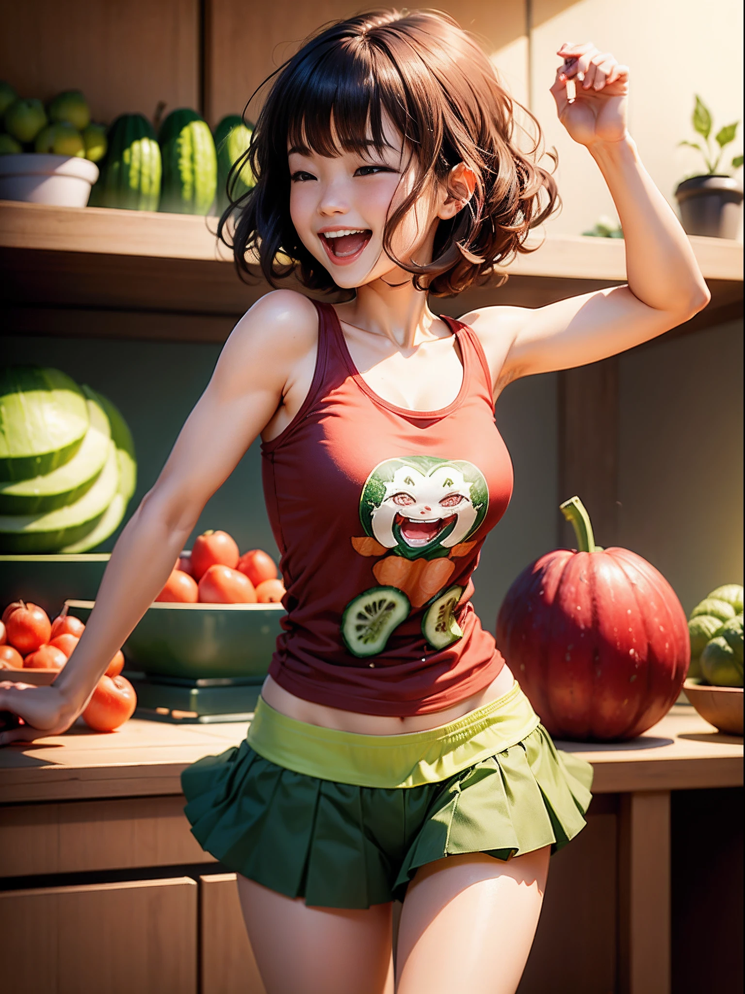 1girl in((Laughing))、Lots of vegetables and fruits in the background、Reaching the climax:1.3, short-cut、masutepiece、Bottoms are randomly generated、( Cucumber illustration printed shirt )、brown and dense hair、Red GI Cut,Poses are randomly generated、Background bokeh:1.5