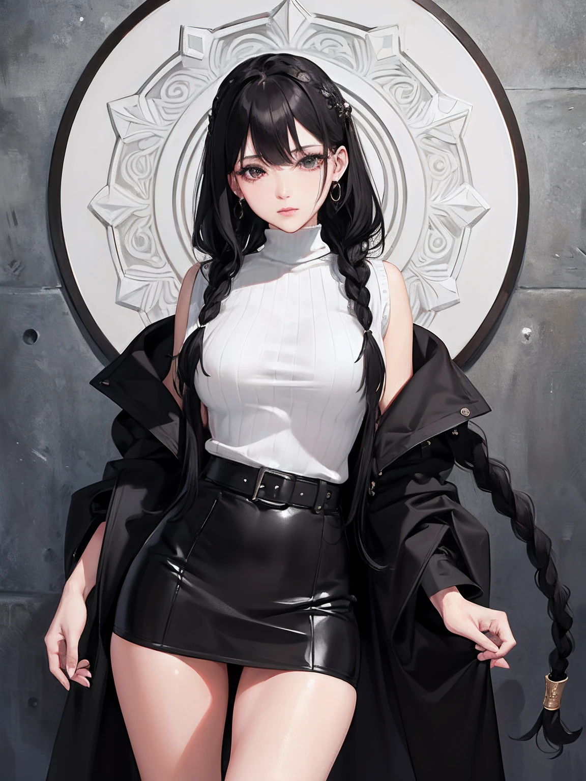 masterpiece、top-quality、hight resolution、High-quality images、8K、1womanl、detaileds、Detailed eye depiction、the detail、skin gloss、Lustrous black hair、Long braided hair、Lisa、portlate、Monochrome grayscale、Black turtleneck、bard、sidelong glance