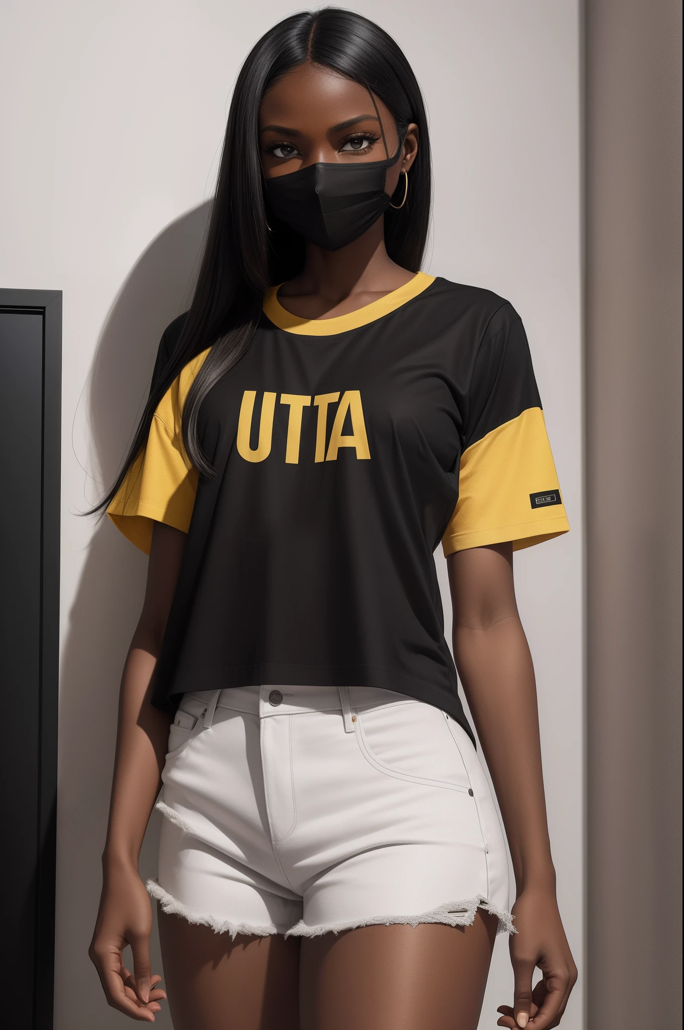 A dark-skinned woman in a black Bella Canvas 3001 t-shirt mockup with a hyper-realistic texture, a t-shirt without wrinkles, folds or creases, the style is minimalist, with a uniform yellow wall in the background, illuminated by a strong light , create a similar image Fujifilm portra 400 , hyper-realistic skin texture, ultra 32K quality