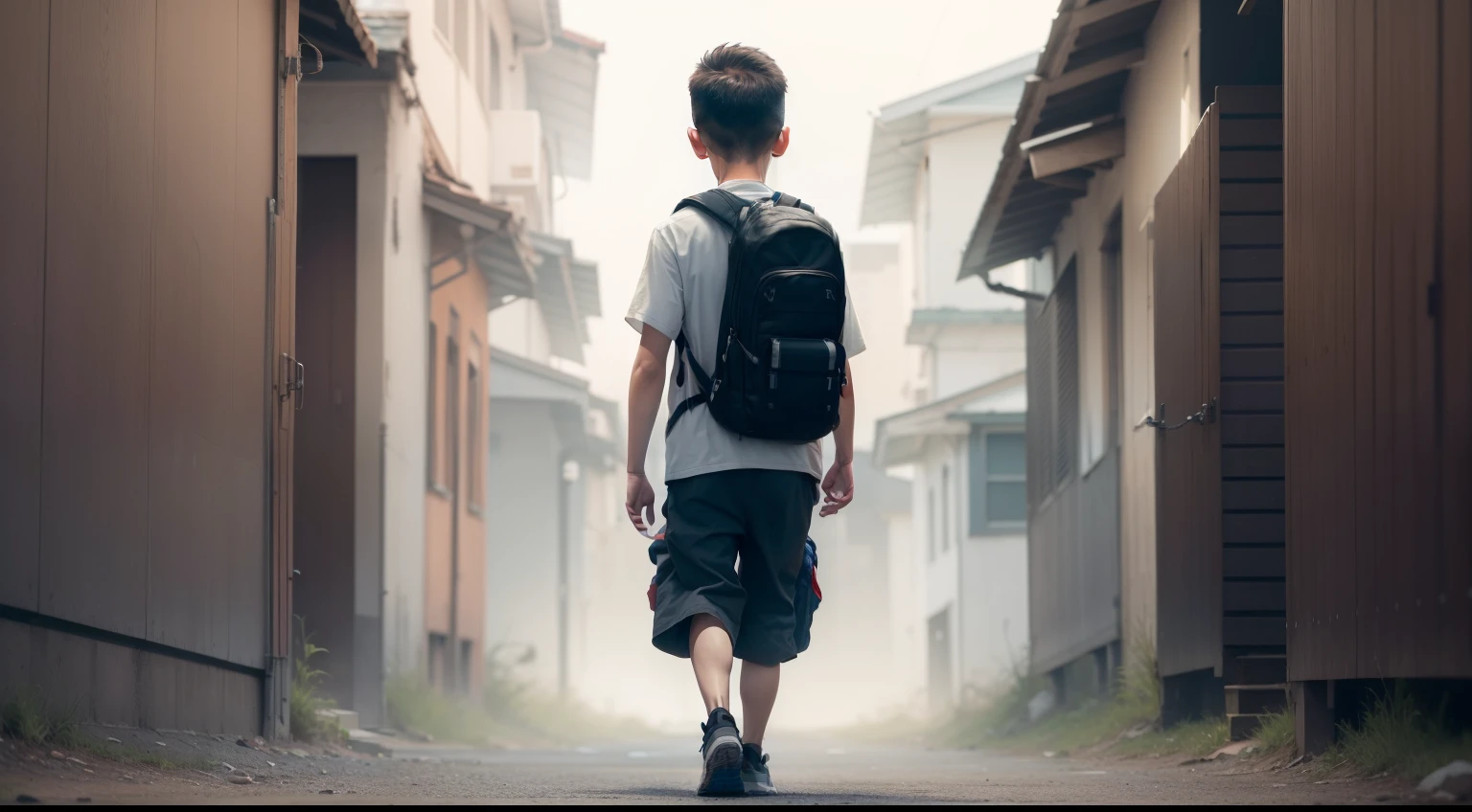 side image of a boy, sad, head down, walking with a backpack on his back.