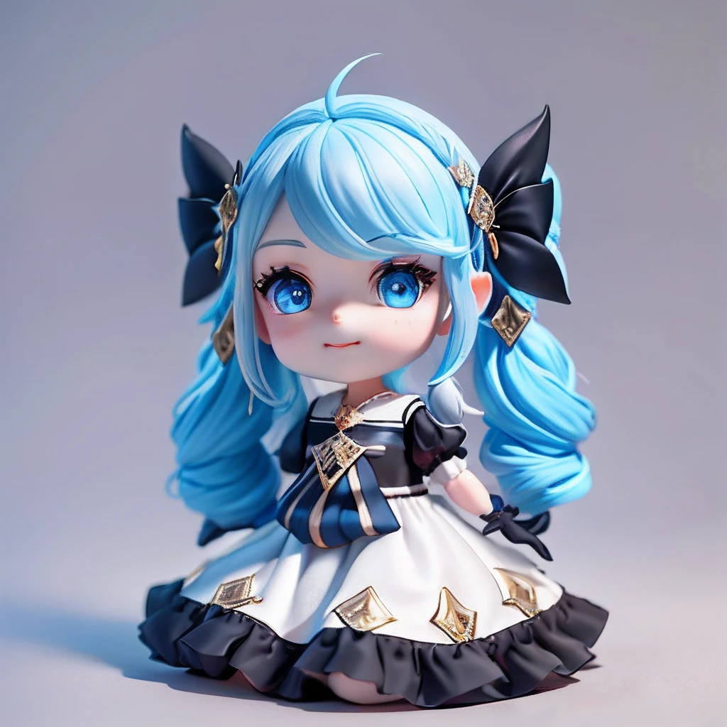 1girll, Black bow, Black gloves, black sock, Blue eyes, Blue hair, clarkbone,Spiral braids， dress, Drill hair, frill dress, frilld, mitts, Gwen\(league of legend), hair adornments，A high resolution，League legendary，long whitr hair，Split lips，Puff sleeves，Pink pupils，Smiled，独奏，White dress，X，10th Hair Accessories，Sitting down，Sit，inside in room，seminude，Delicate hair，Arm carving，Blue hair，blossoms，Delicate shoes，Depiction of facial features，Delicate facial features，Eye portrayal，Delicate hair，Popmart blind box，Clay texture，the golden ratio，Black and white background，natural  lightting，Best quality at best，hyper-detailing，3D art，C4D, OC renderer, a 3D render, 8K，Various actions，Blushlush，Q version，（Big head doll:2），gnome，Round toot