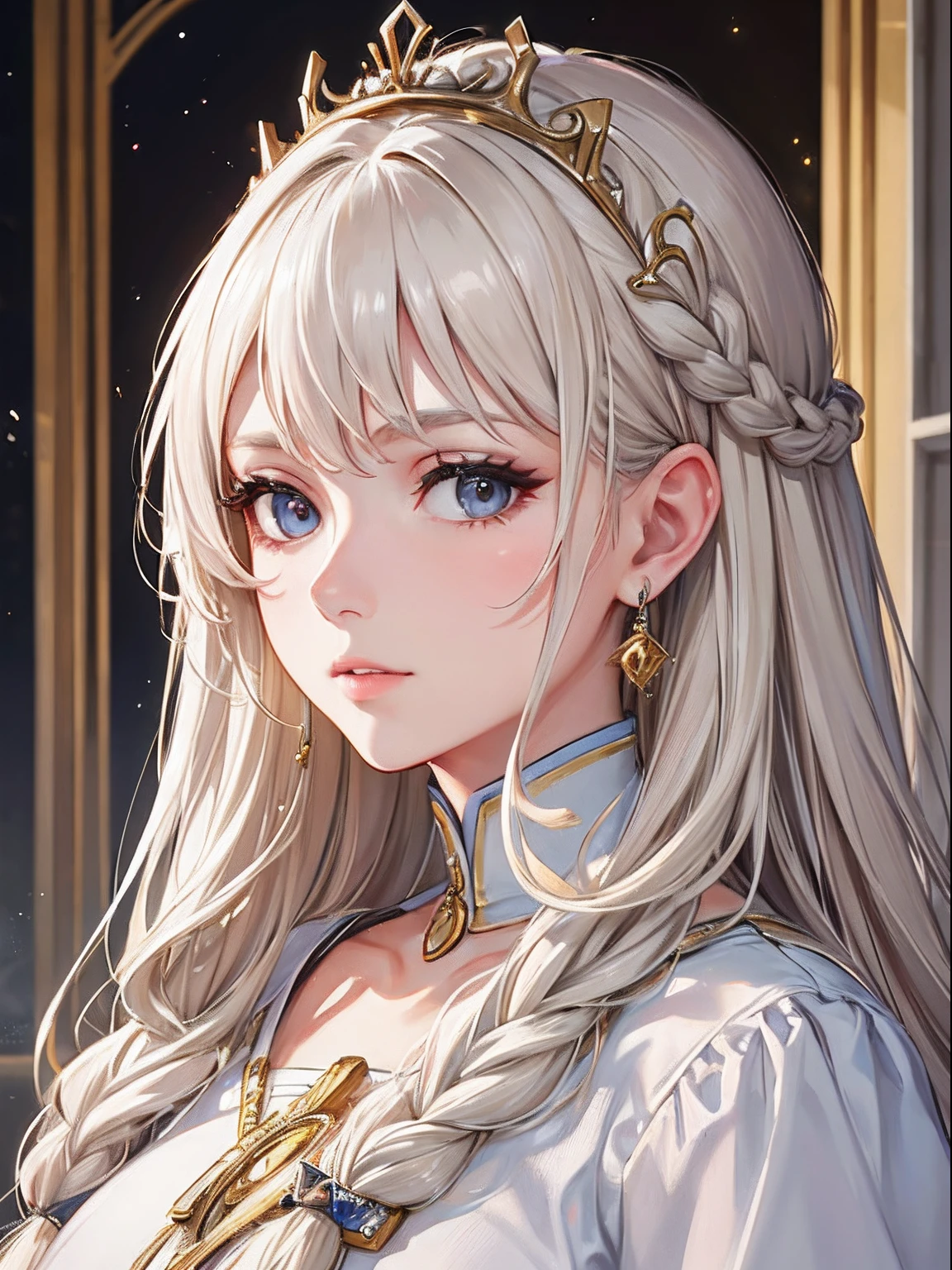 ​masterpiece、top-quality、hight resolution、High-quality images、8K、１maidennurse、detaileds、the detail、Detailed eye depiction、skin gloss、shinny hair、platinum-blonde、Long braided hair、Soft hair、anastasia、coronation ceremony、Young queen、