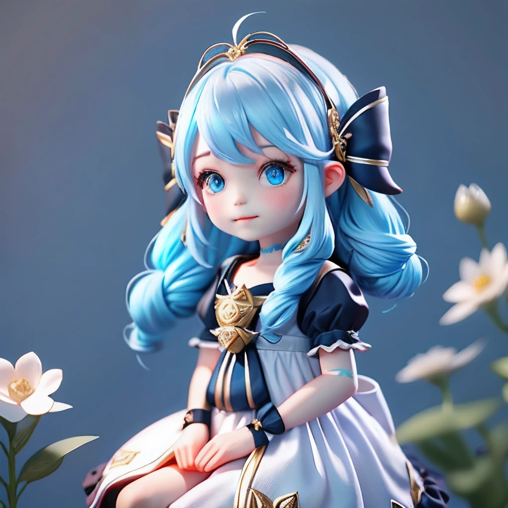 1girll, Black bow, Black gloves, black sock, Blue eyes, Blue hair, clarkbone,Spiral braids， dress, Drill hair, frill dress, frilld, mitts, Gwen\(league of legend), hair adornments，A high resolution，League legendary，long whitr hair，Split lips，Puff sleeves，Pink pupils，Smiled，独奏，White dress，X，10th Hair Accessories，Sitting down，Sit，inside in room，seminude，Delicate hair，Arm carving，Blue hair，blossoms，Delicate shoes，Depiction of facial features，Delicate facial features，Eye portrayal，Delicate hair，Popmart blind box，Clay texture，the golden ratio，Black and white background，natural  lightting，Best quality at best，hyper-detailing，3D art，C4D, OC renderer, a 3D render, 8K，Various actions，Blushlush，Q version，（Big head doll:2），gnome，Round toot