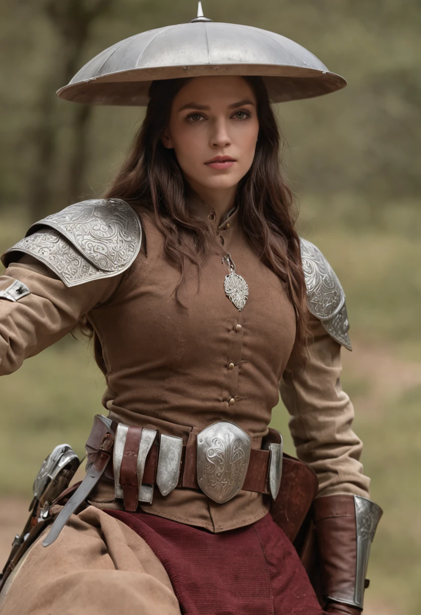 heroine, cabelos vermelhos, olhar forte, armadura em todo o corpo, sword in one hand, pronta para o ataque, montada em um cavalo, erguendo a espada, Image background with a battalion of soldiers