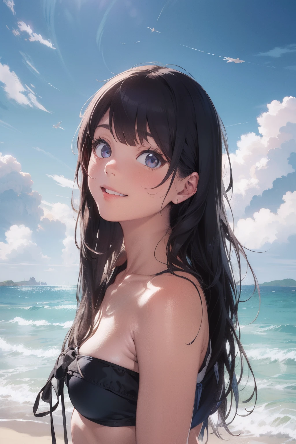 ultra-quality, ultla highres, Hyper Detailed, High contrast, superfine illustration, creative refinement, ssmile, sea side,Swimsuit, flat chest