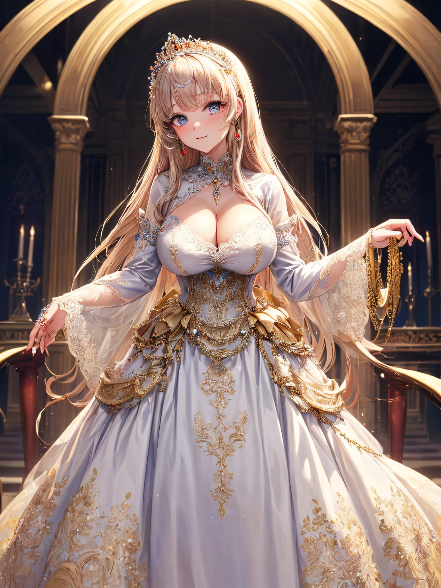 (masterpiece, best quality,extremely detailed,moe anime art style:1.2),1girl, (solo), cute, kawaii,digital art,((1 bling-bling anime princess wearing beautiful embroidery and jeweled gorgeous princess ballgown with voluminous full length hoop skirt)),((crinoline)),long train,voluminous frills,(gorgeous embroidery and beautiful lace),(very gigantic boobs,cleavage,skindentation),((shiny hair,absurdly voluminous straight hair,absurdly Long Hair)),((finely detailed face and eyes)),clear pupil,(bling-bling gorgeousfull jeweled big tiara),((bling-bling gorgeous gemstone jewelry)),long veil,((standing in luxury palace)),flowers,flower petals flowing,standing pose,(dynamic angle),((beautiful embroidery and jeweled gorgeous princess ballgown with voluminous full length hoop skirt))