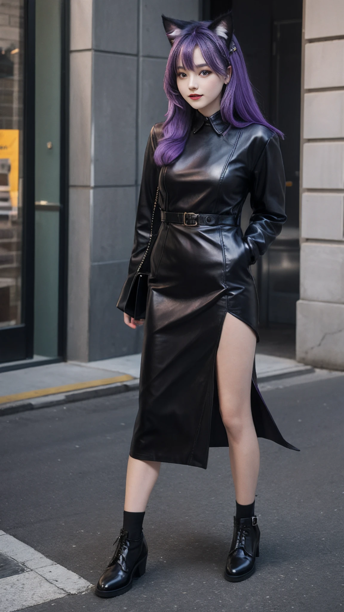 Purple colored hair,Dress dress,stocklings,cat ear,leather shoes