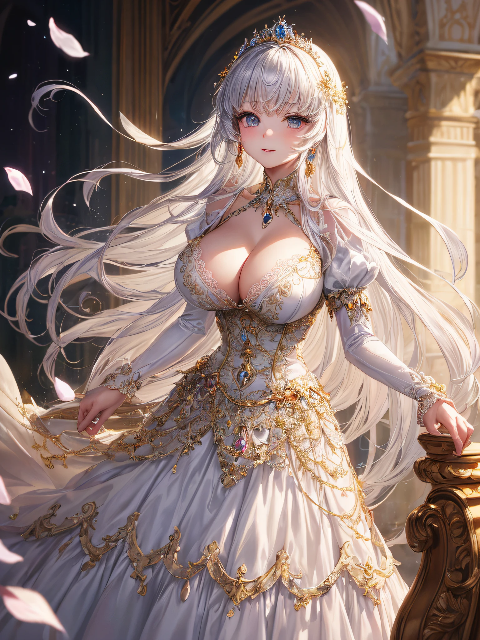 (masterpiece, best quality,extremely detailed,moe anime art style:1.2),1girl, (solo), cute, kawaii,digital art,((1 bling-bling anime princess wearing beautiful embroidery and jeweled gorgeous princess ballgown with voluminous full length hoop skirt)),((crinoline)),long train,voluminous frills,(gorgeous embroidery and beautiful lace),(very gigantic boobs,cleavage,skindentation),((shiny hair,absurdly voluminous straight hair,absurdly Long Hair)),((finely detailed face and eyes)),clear pupil,(bling-bling gorgeousfull jeweled big tiara),((bling-bling gorgeous gemstone jewelry)),long veil,((standing in luxury palace)),flowers,flower petals flowing,standing pose,(dynamic angle),((beautiful embroidery and jeweled gorgeous princess ballgown with voluminous full length hoop skirt))