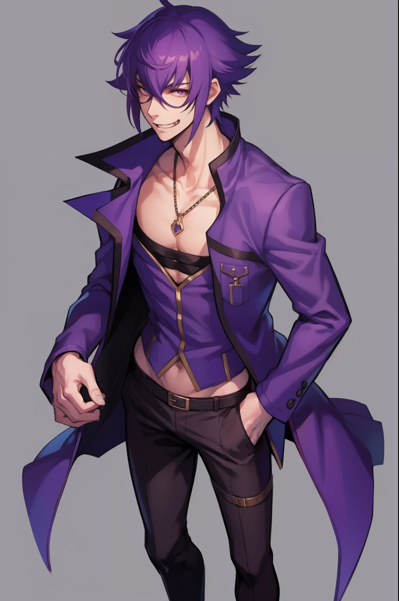 mirokujiyuuya, yanke, short hair, purple hair, ,, vest, pants, ,, pullover, coat, smug, standing, solo focus, full body, walking, city, one character,, 1boy, glass, smug, arrogant,mid muscular,full clothed