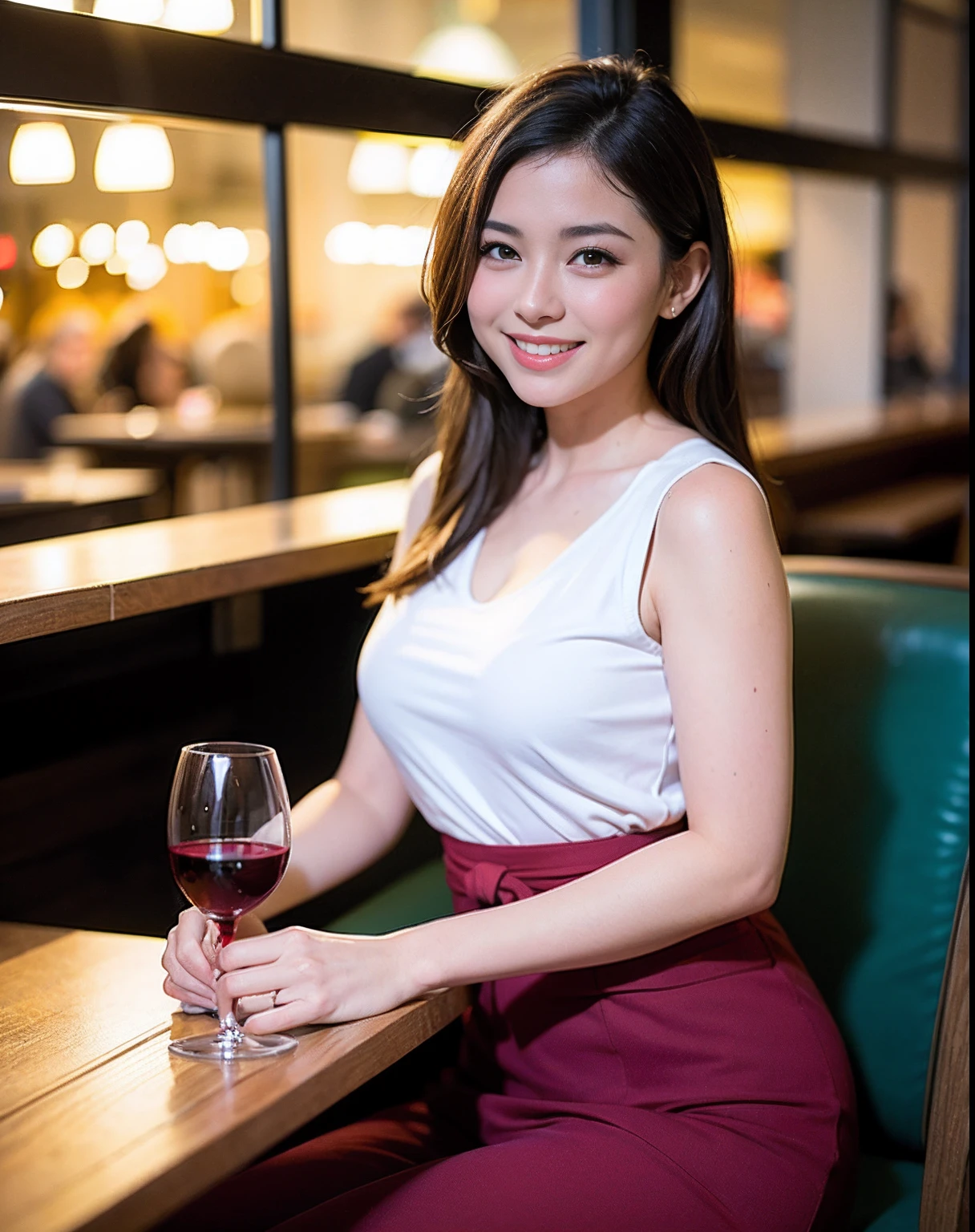 (64K, UHD, top quality, masterpiece: 1.2), (realistic, photorealistic: 1.37), super detailed, pretty woman 1 person, (slim face), (slim body), (brown hair), (short cut), cheeks slightly blushing, (44 years old), 38 years old, solo, beautiful detailed urban night view outside the window, restaurant, wine glasses sit, at night, in a prominent placeNovaFrogStyle, Actress, Model, Waist Up, White Wine, Slim, Wine Glass, Super Clean Night View, Wine Glass Put in the Middle, Happy Smile, (Smile: 1.15), Beautiful Fine Eyes, Upper Body, Bust Japan Up, Night, Short, Short, Actress, Model, Waist Up, White Wine, Slim, Wine Glass, Super Clean Night View, Wine Glass Put in the Middle, Happy Smile,