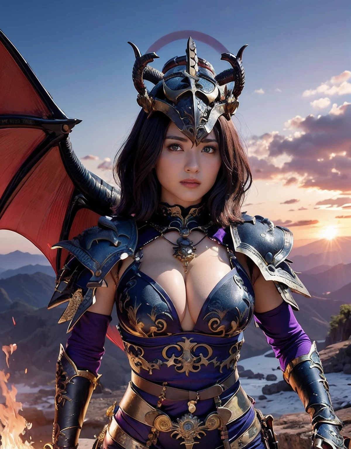 Professional , ​masterpiece、top-quality、photos realistic , depth of fields 、（Dragon Blue Metal Body:1.９),(Enamel purple black、（cleavage of the breast）、Mystical expression、Dragon Gold Weapon、（Red Micro Bikini Armor:1.４),Gorgeous gold weapons ,Particles of light、（（ Dragon's dense and gorgeous sword）） , （demonic wings）、（（a blond））、（Castle background）、（（Gangle's forest background））、（（Fight dragons））、Beautiful Caucasian beauty、１a person、dynamic ungle,(((Detailed and ornate dragon helmet)))、Smaller head、A smile、Castle background、Thin and beautiful female hands、cleavage of the breast、Soldier in iron armor on background、Mystical expression、Light Effects、intense fighting、Wind-effect、magic circles、With the legendary magic wand、Dragon's tail、explosions、Anatomically correct body、