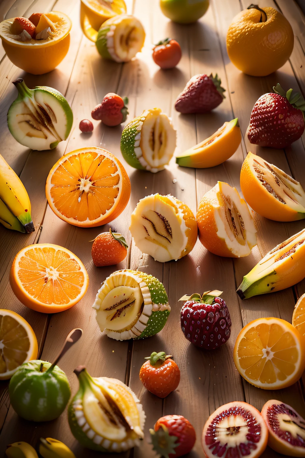 Fotografia de frutas sobre mesa: (((laranja, banana, morango, laranja))). ((((frutas no centro da foto)))), (((nenhuma fruta cortada pela foto))). Do not put fruit in bowls, colocar futas na mesa.