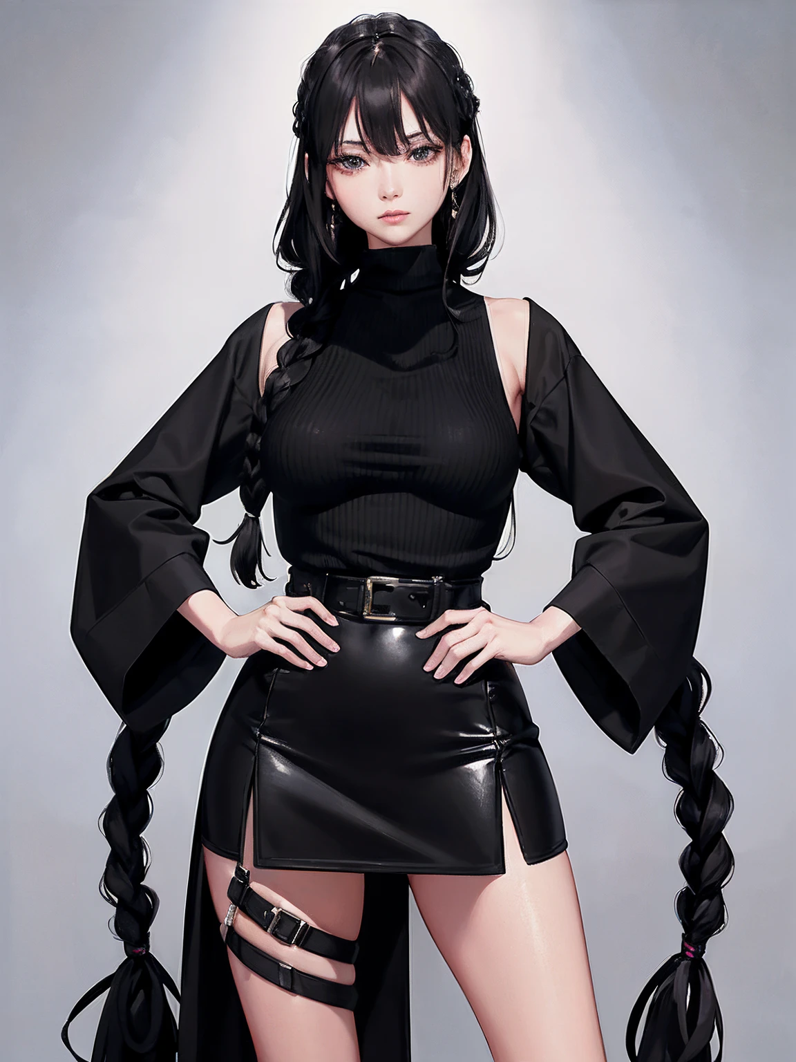 ​masterpiece、top-quality、hight resolution、High-quality images、8K、1womanl、detaileds、Detailed eye depiction、the detail、skin gloss、Lustrous black hair、Long braided hair、Lisa、portlate、Monochrome grayscale、Black turtleneck、bard、sidelong glance