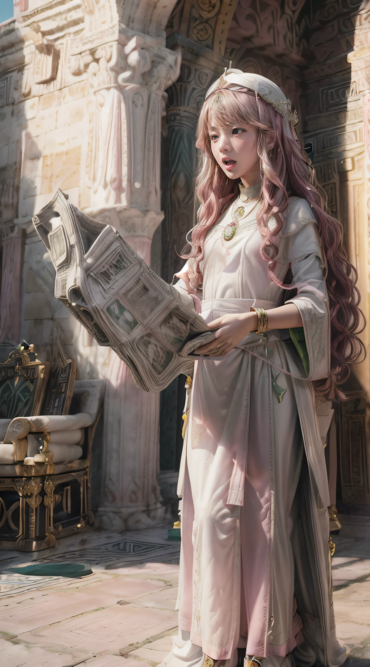 masterpiece, Highly detailed, super realistic, detailed background, bright Lighting, Daylight, beautiful face, beautiful eyes,
 medieval style, 4k, 8k, 1girl, solo, 
(-yeld magl princess:1.2), (pretty face),(pink-wavy-hair and green-eyes:1.5),
wearing (White Archbishop's ceremonial long dress:1.5), (Golden bracelet), (tube top), (Necklace), (Jewelry), (slender:1.5),
 (small breasts), (pretty face), (loli), (loing away),(Roman sandals:1.5),
(in the Royal Palace Living Room),(Standing up and reading the newspaper:1.5),
(surprised),(Open mouth),