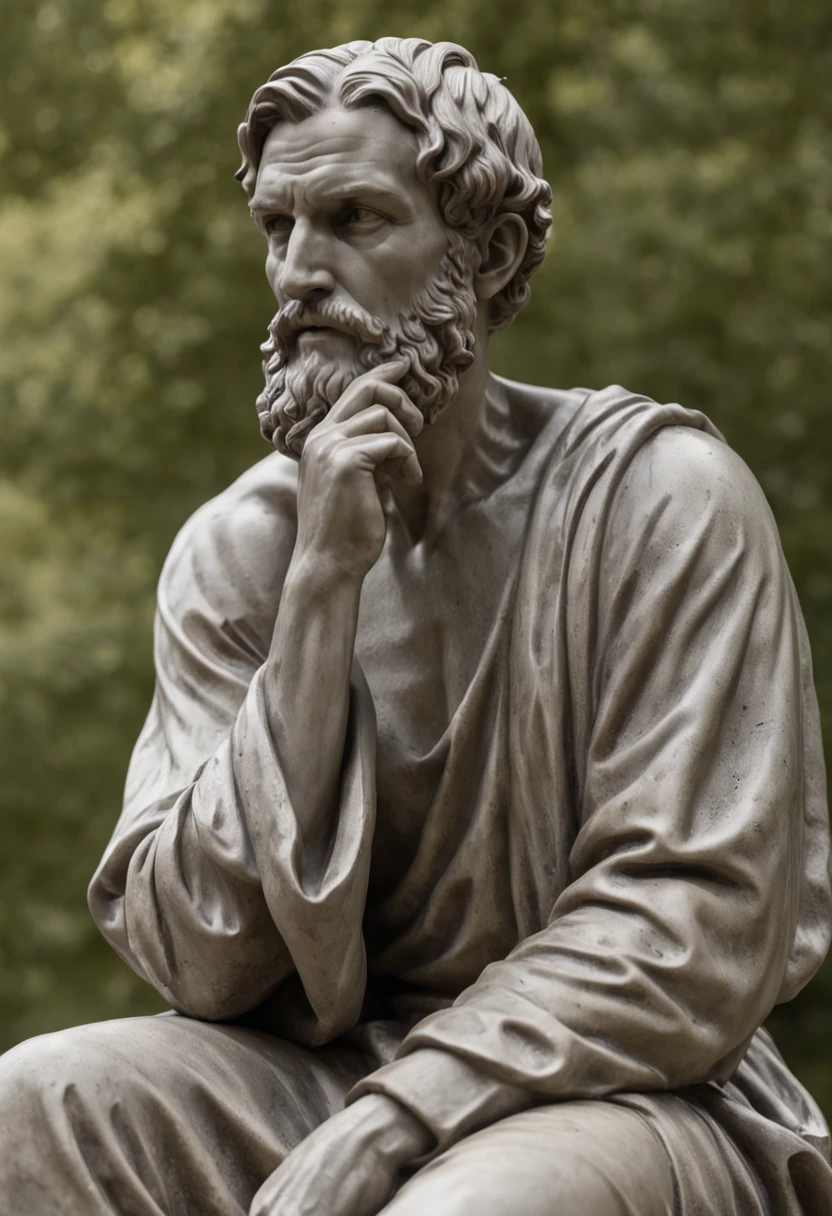 Create a stunning 8K image portraying a Greek philosopher from the 3rd century BC, inmortalizado como estatua. Ambienta la escena en un ambiente oscuro y misterioso, with the figure of the philosopher blurred but enigmatically illuminated by epic lighting and shadows. The resulting image should exude the aura of deep contemplation and wisdom...