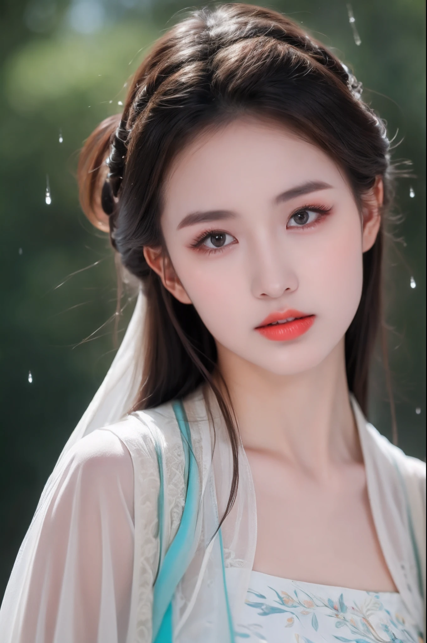 ((Best Quality, 8k, Masterpiece: 1.3)), Focus: 1.2, Perfect Body Beauty: 1.4, Buttocks: 1.2, ((Layered Haircut)), (Wet Clothes: 1.1), (Rain, Street:1.3), (Breasts: 1.2), (Hanfu: 1.2), Bare Shoulders, Bare Legs, Highly Detailed Face and Skin Texture, Fine Eyes, Double Eyelids, Whitened Skin, Long Hair, (Shut Up: 1.5), (Bokeh Background: 1.5), Big Breasts