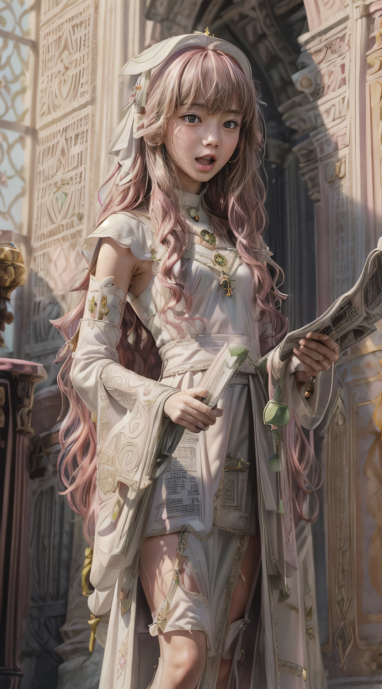 masterpiece, Highly detailed, super realistic, detailed background, bright Lighting, Daylight, beautiful face, beautiful eyes,
 medieval style, 4k, 8k, 1girl, solo, 
(-yeld magl princess:1.2), (pretty face),(pink-wavy-hair and green-eyes:1.5),
wearing (White Archbishop's ceremonial long dress:1.5), (Golden bracelet), (tube top), (Necklace), (Jewelry), (slender:1.5),
 (small breasts), (pretty face), (loli), (loing away),(Roman sandals:1.5),
(in the Royal Palace Living Room),(Standing up and reading the newspaper:1.5),
(surprised),(Open mouth),