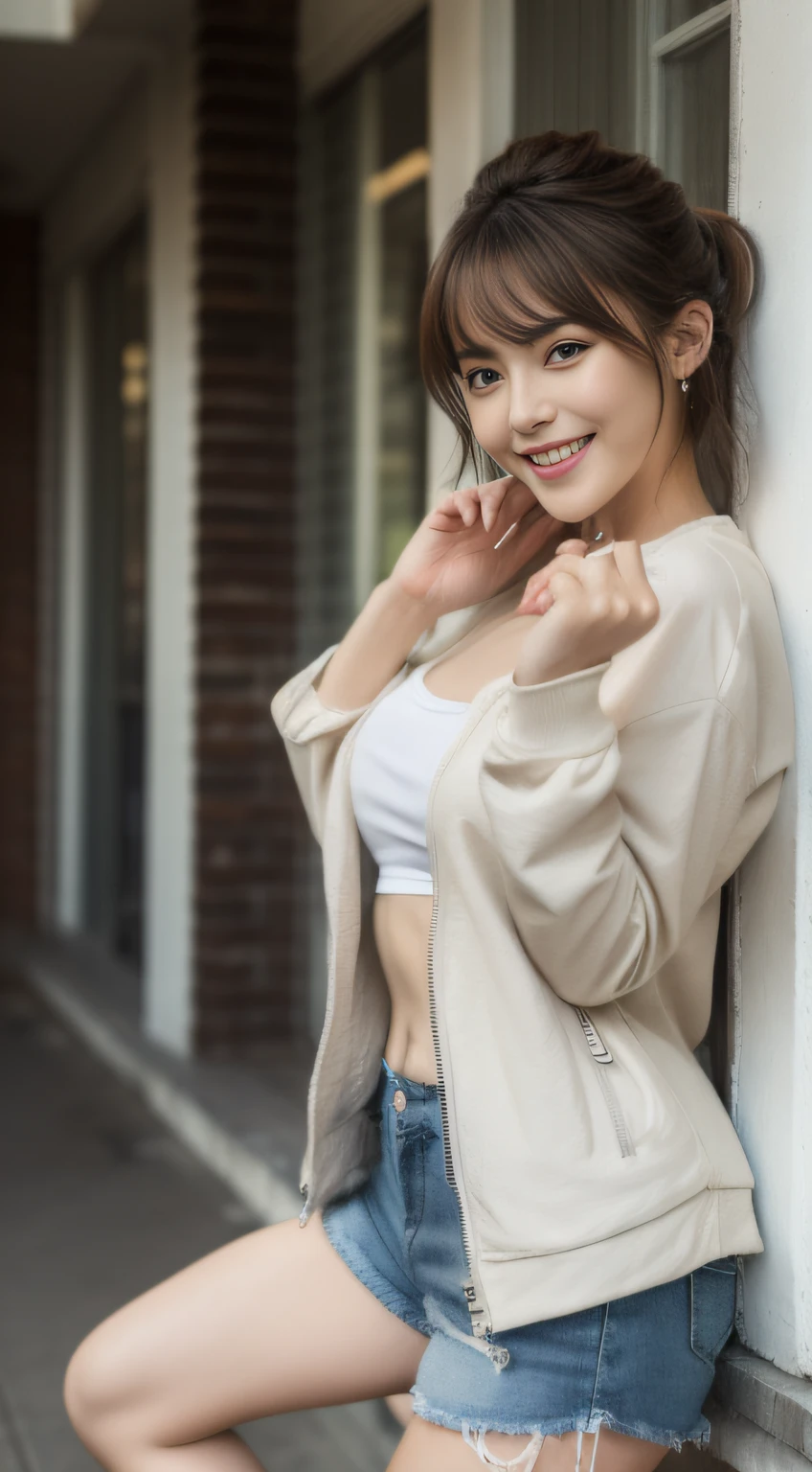 ((8K、Raw photography、top-quality、masterpiece)、(realisitic)、(top-quality)、(Best Shadows)、(The best illustrations)、sexy chest、独奏、Energetic students、A detailed eye、Detailed face、perfectly proportions、Raw feet、highest texture、goddes、Moderately meaty、Tempered body、Clear skin、espadrilles、Short pants、Inner shirt、jaket、caps、Happy look