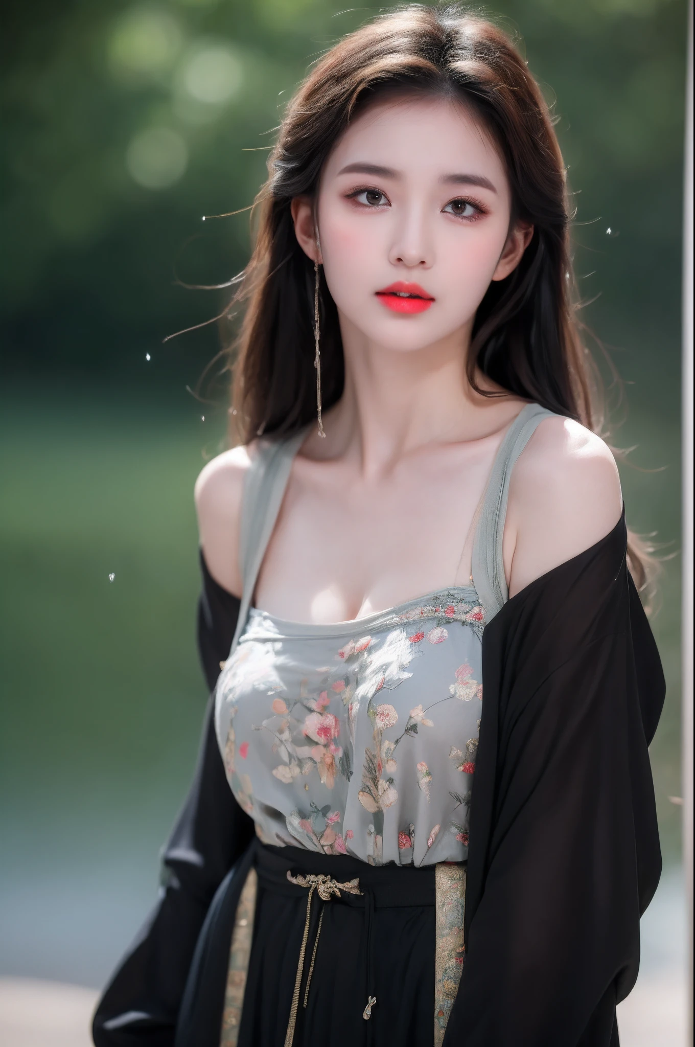 ((Best Quality, 8k, Masterpiece: 1.3)), Focus: 1.2, Perfect Body Beauty: 1.4, Buttocks: 1.2, ((Layered Haircut)), (Wet Clothes: 1.1), (Rain, Street:1.3), (Breasts: 1.2), (Hanfu: 1.2), Bare Shoulders, Bare Legs, Highly Detailed Face and Skin Texture, Fine Eyes, Double Eyelids, Whitened Skin, Long Hair, (Shut Up: 1.5), (Bokeh Background: 1.5), Big Breasts
