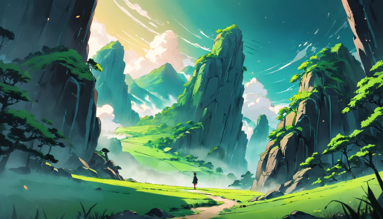 Chinese Landscape Ink Painting Low Angle Perspective OC Rendered Sculpture, green savana, morning vibes with sun, 4K