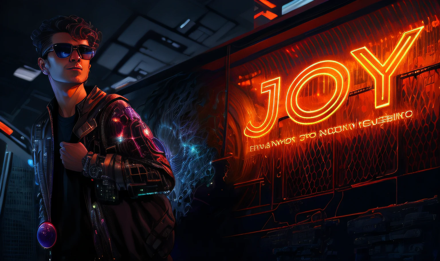 suit with galaxy reflected on glases, jen bartel style, 80's style tomasz alen kopera, masterpiece, futuristic man cyberpunk electric, 4k highly detailed digital art, sci-fi digital art illustration