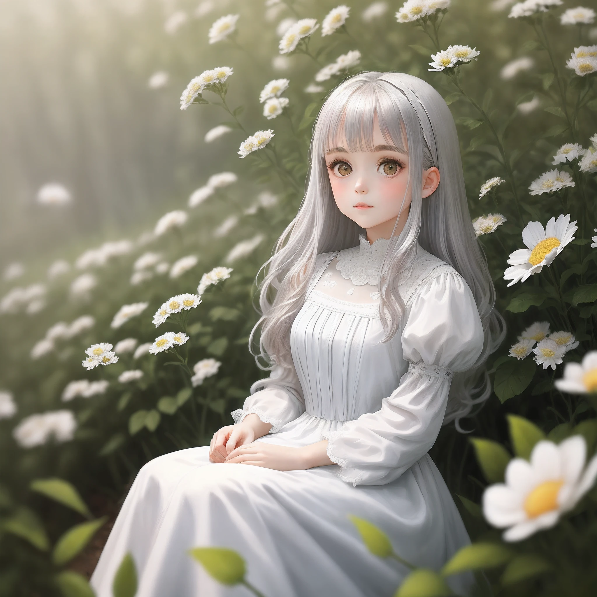 1 long silver-haired girl,Goose egg face, big eyes, cherry small mouth, sitting in a field of greenery and flowers,her hand under her chin,warmly lit,white dresses,Blurred foreground