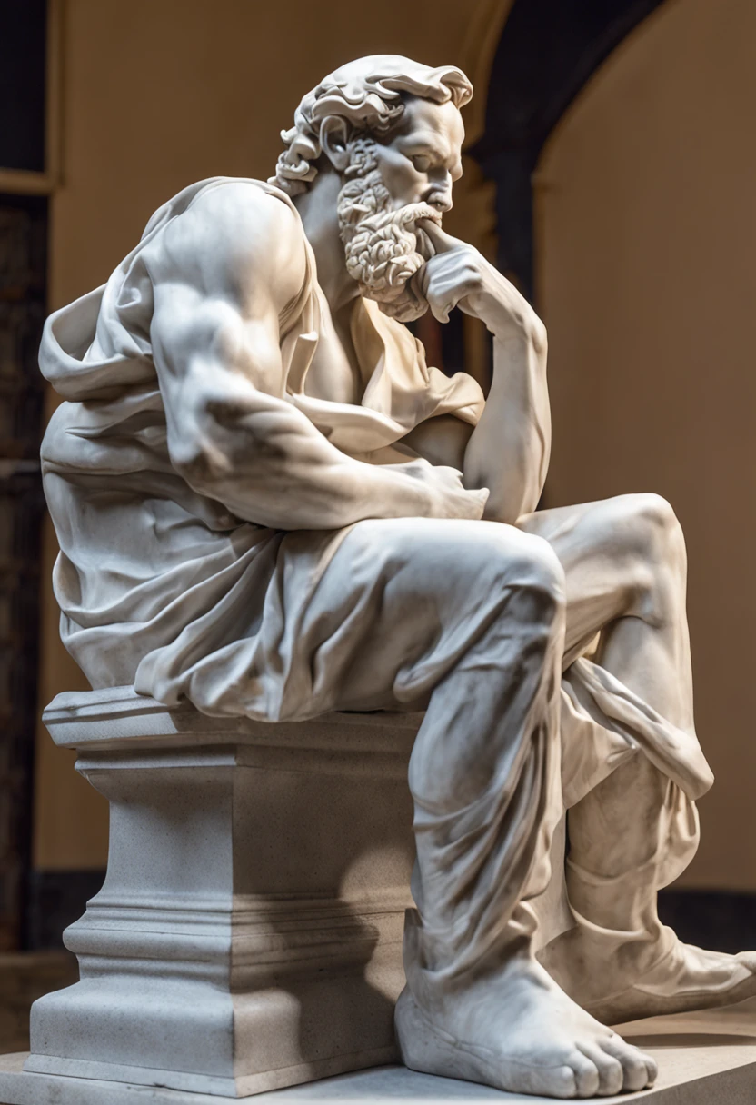 a statue of a man with a beard sitting thinking with profile vision, estoico, Divino e estoico, Posando e estoico, 8k escultura realista bernini, pensador, Escultura Michelangelo, Stoic attitude, philosopher, Pose de Pensador, eEstoico e calmo, O Pensador, stoic, Artstyle de Michelangelo, classic sculpture, classical statue, rosto e estoico,
