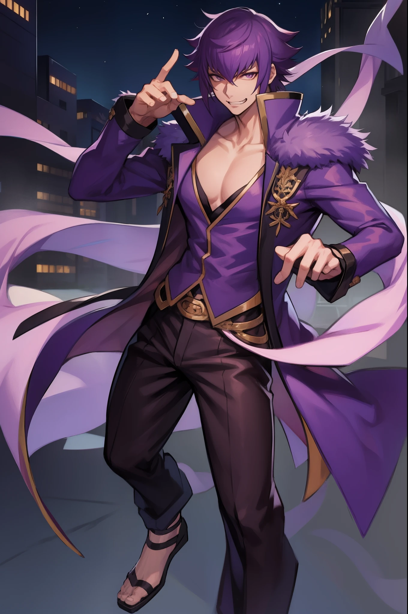 mirokujiyuuya, yanke, short hair, purple hair, ,, vest, pants, ,, pullover, coat, smug, standing, solo focus, full body, walking, city, one character,, 1boy, glass, smug, arrogant,mid muscular,full clothed, muscular pec