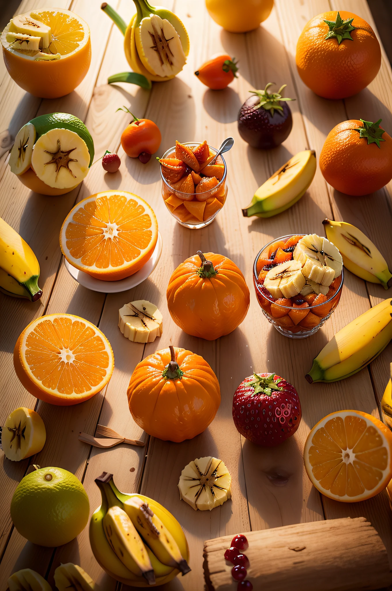 Fotografia de frutas sobre mesa: (((laranja, banana, morango, laranja))).