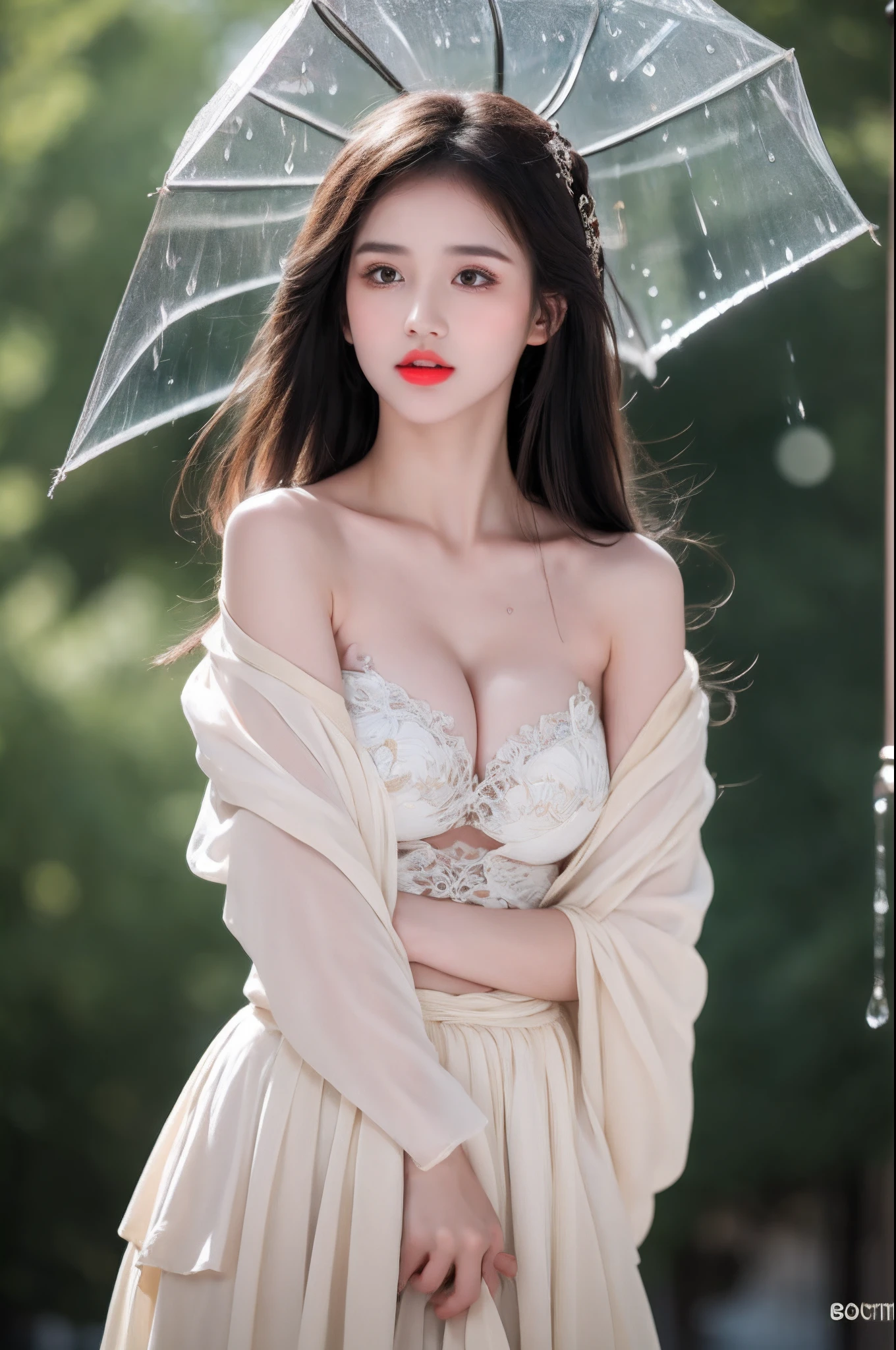((Best Quality, 8k, Masterpiece: 1.3)), Focus: 1.2, Perfect Body Beauty: 1.4, Buttocks: 1.2, ((Layered Haircut)), (Wet Clothes: 1.1), (Rain, Street:1.3), (Breasts: 1.2), (Hanfu: 1.2), Bare Shoulders, Bare Legs, Highly Detailed Face and Skin Texture, Fine Eyes, Double Eyelids, Whitened Skin, Long Hair, (Shut Up: 1.5), (Bokeh Background: 1.5), Big Breasts