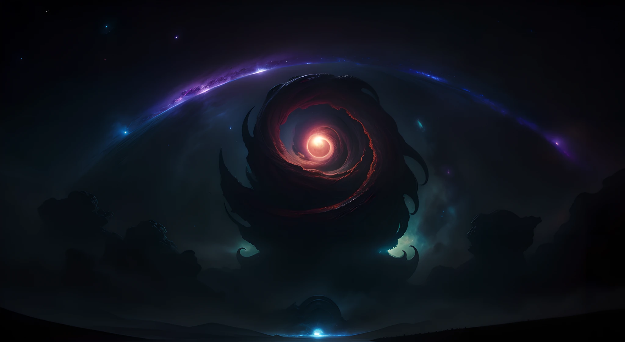 Close-up of dark colorful space with spiral, amazing space creature 4 k, 4k highly detailed digital art, Concept art wallpaper 4K, 8K stunning artwork, 8K HD wallpaper digital art, symmetric concept art, cosmic horror concept art, avantgarde 4k wallpaper, 4K detailed digital art, interstellar infinity portal