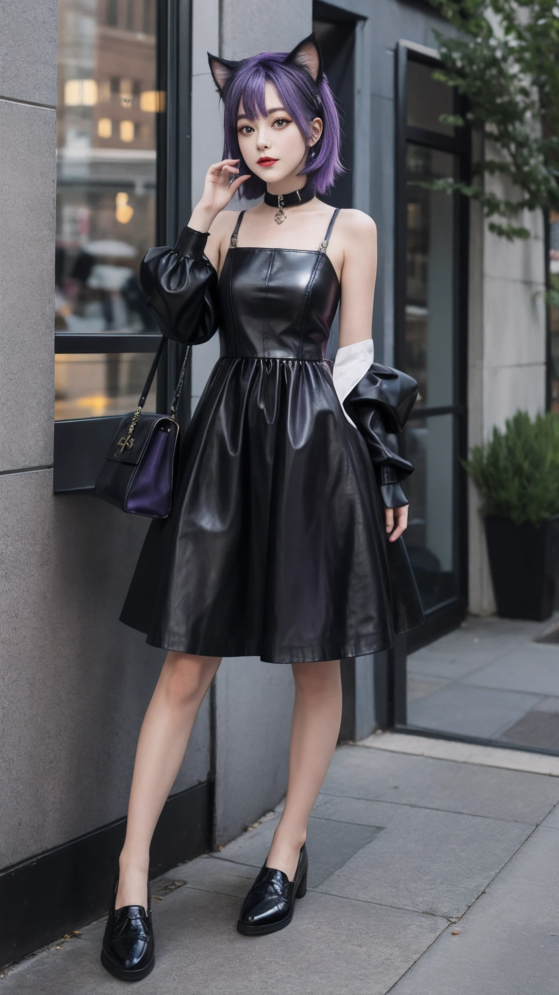 Purple colored hair,Dress dress,stocklings,cat ear,leather shoes