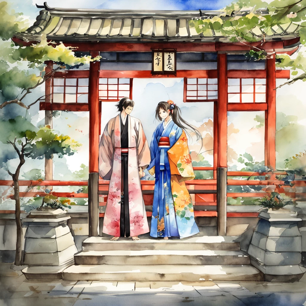 Anime couple in kimono standing in front of the building,  japanese art style,