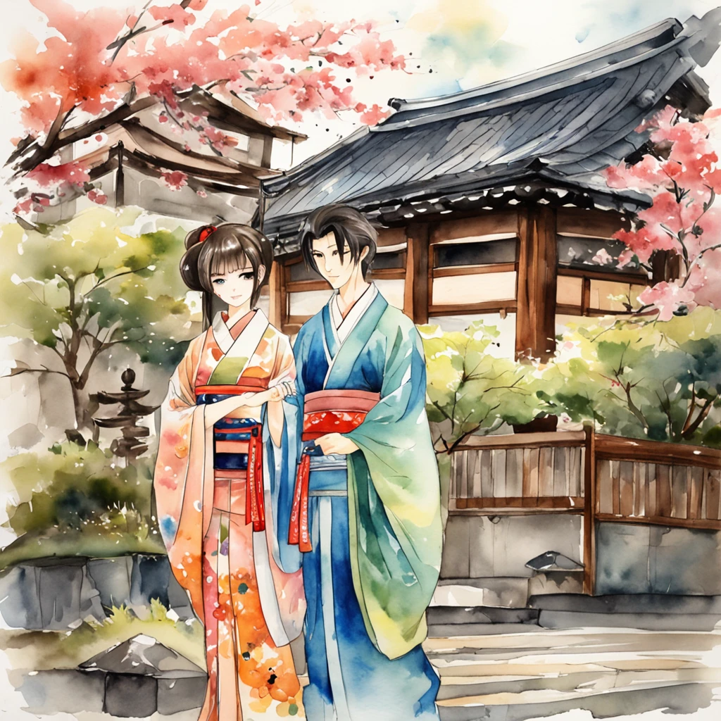 Anime couple in kimono standing in front of the building, japanese art style,