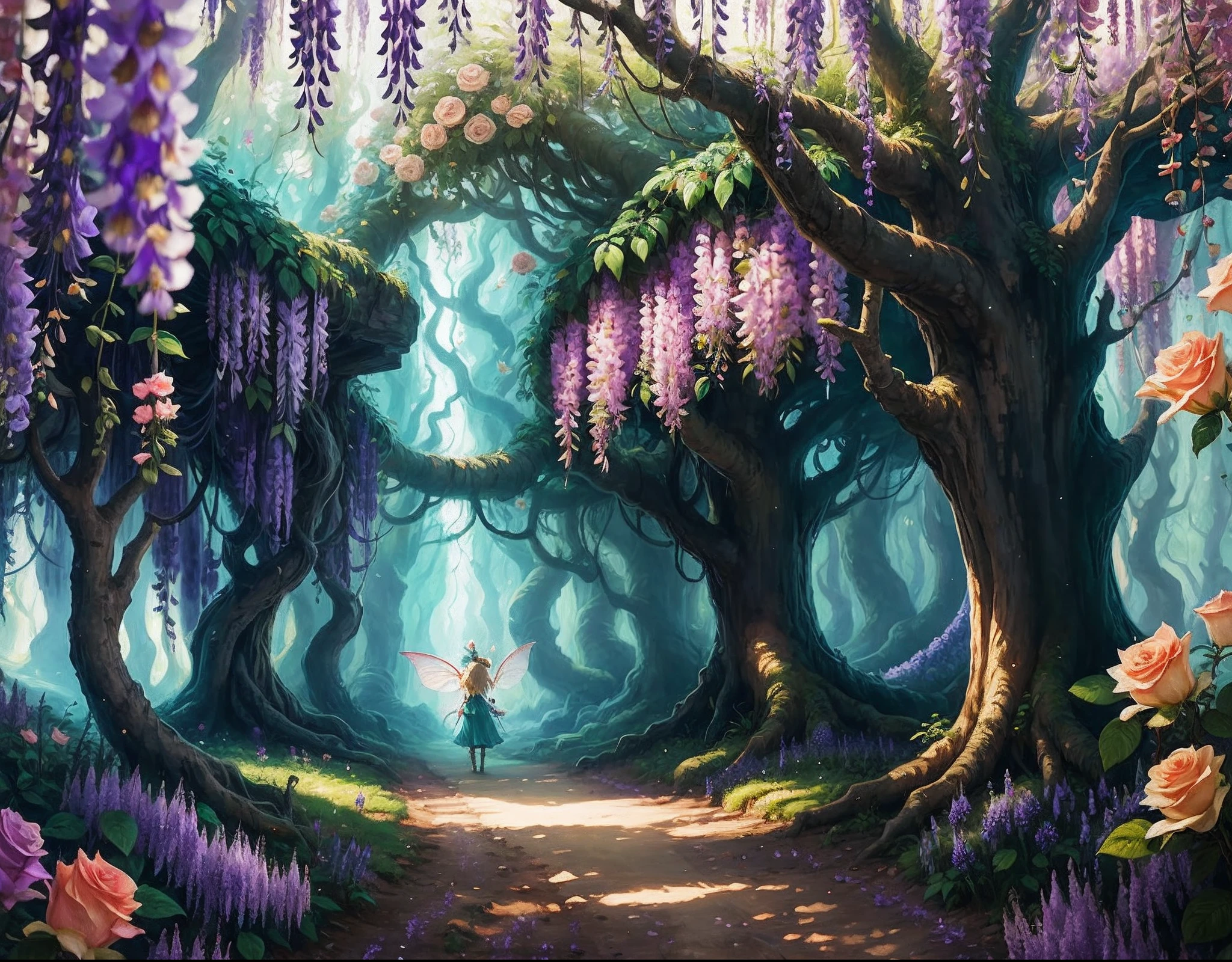 Image type：illustration、Fantasy painting theme：tiny faeries(Highest definition)(cute facial features) Details keywords：ln the forest、Wisteria rose、As estrelas、the anime girl、(ultra intricately detailed) enviroment：mistic、peacful、Huge lighting effects：Soft sunlight shines on the face of the elf composition：Genie in the center of the picture，Forests and wisteria roses form the background，Genie looking at wisteria tree art style：fanciful、dream magical、Delicate drawing technique、pastelcolor