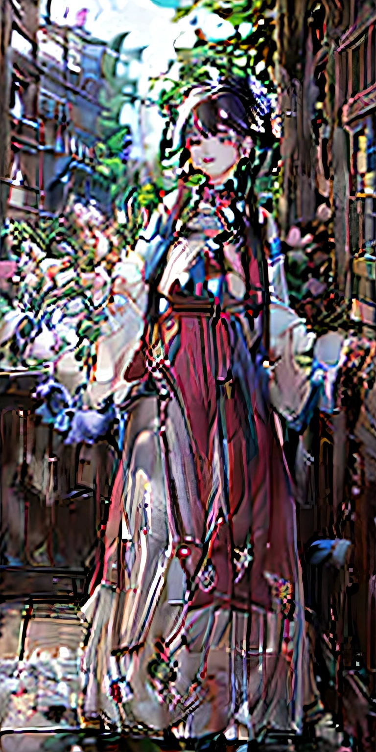 realisticlying，1girl，White hair，Purple eye，glowing light eyes，Cut the top，a skirt，parted lip，Be red in the face，the night，fresh flowers，suns，rays of sunshine，Huge breasts, very large