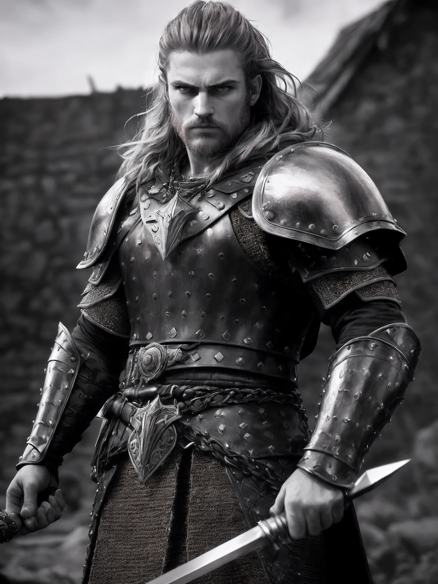 (Highest quality:1.3), cinematic shot, masterpiece, (sharp focus:1.5), (photorealistic:1.3),  medium portrait of (An angry-looking but still proud and fierce-looking young Viking warrior, now the leader of his village, dressed in elaborately detailed chain mail and leather armour, a few torches burn on the walls, giving the scene a dark atmosphere but sculpting the forms in sharp chiaroscuro), it is night time, (highly detailed skin),  (detailed face), detailed background, dark lighting, twilight lighting, volumetric lighting,  intricate details, UHD,