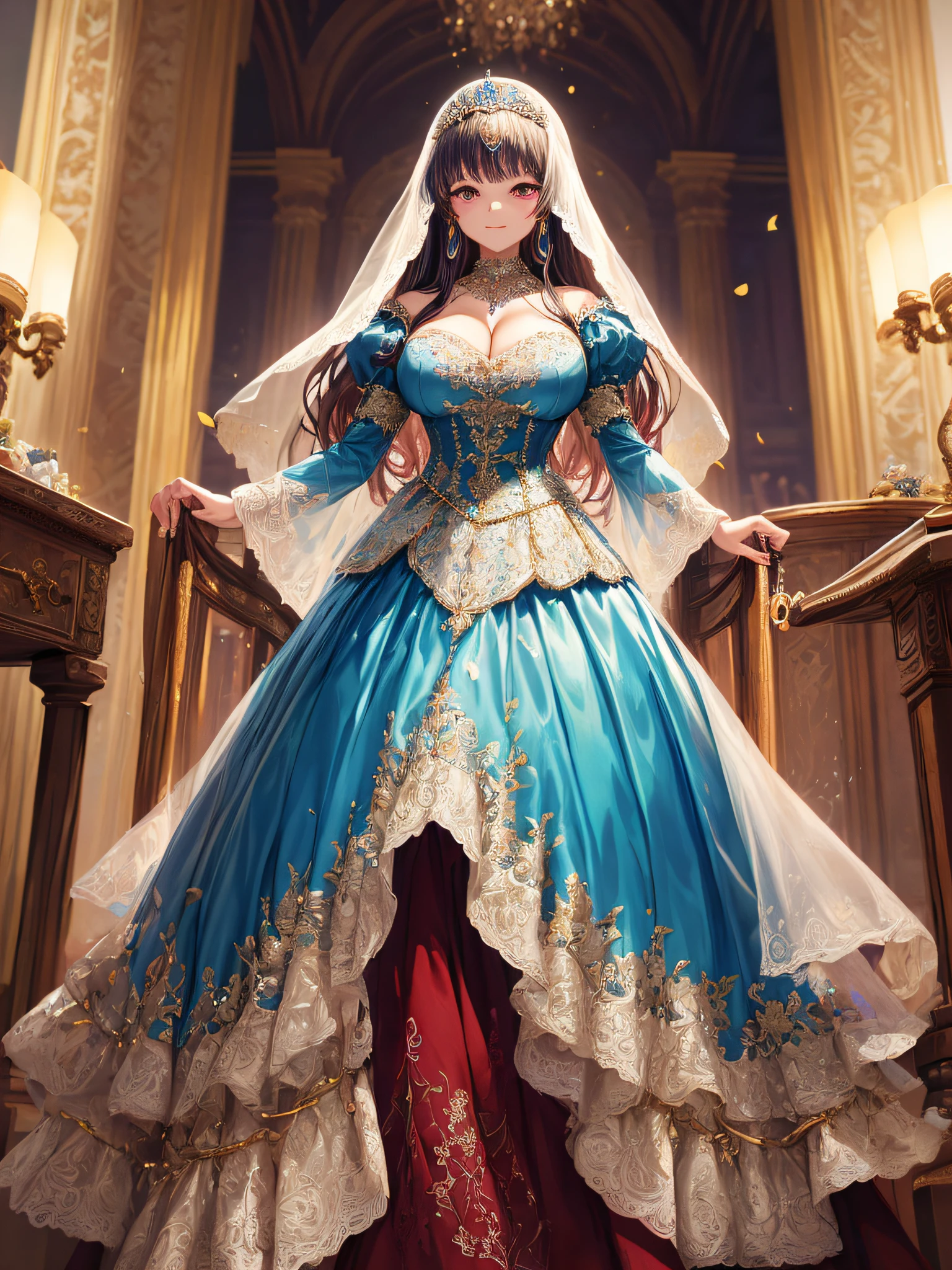 (masterpiece, best quality,extremely detailed,moe anime art style:1.2),1girl, (solo), cute, kawaii,digital art,((1 bling-bling anime princess wearing beautiful embroidery and jeweled gorgeous princess ballgown with voluminous full length hoop skirt)),((crinoline)),long train,voluminous frills,(gorgeous embroidery and beautiful lace),(very gigantic boobs,cleavage,skindentation),((shiny hair,absurdly voluminous straight hair,absurdly Long Hair)),((finely detailed face and eyes)),clear pupil,(bling-bling gorgeousfull jeweled big tiara),((bling-bling gorgeous gemstone jewelry)),long veil,((standing in beautiful luxury palace)),flowers,flower petals flowing,standing pose,(dynamic angle),((beautiful embroidery and jeweled gorgeous princess ballgown with voluminous full length hoop skirt))
