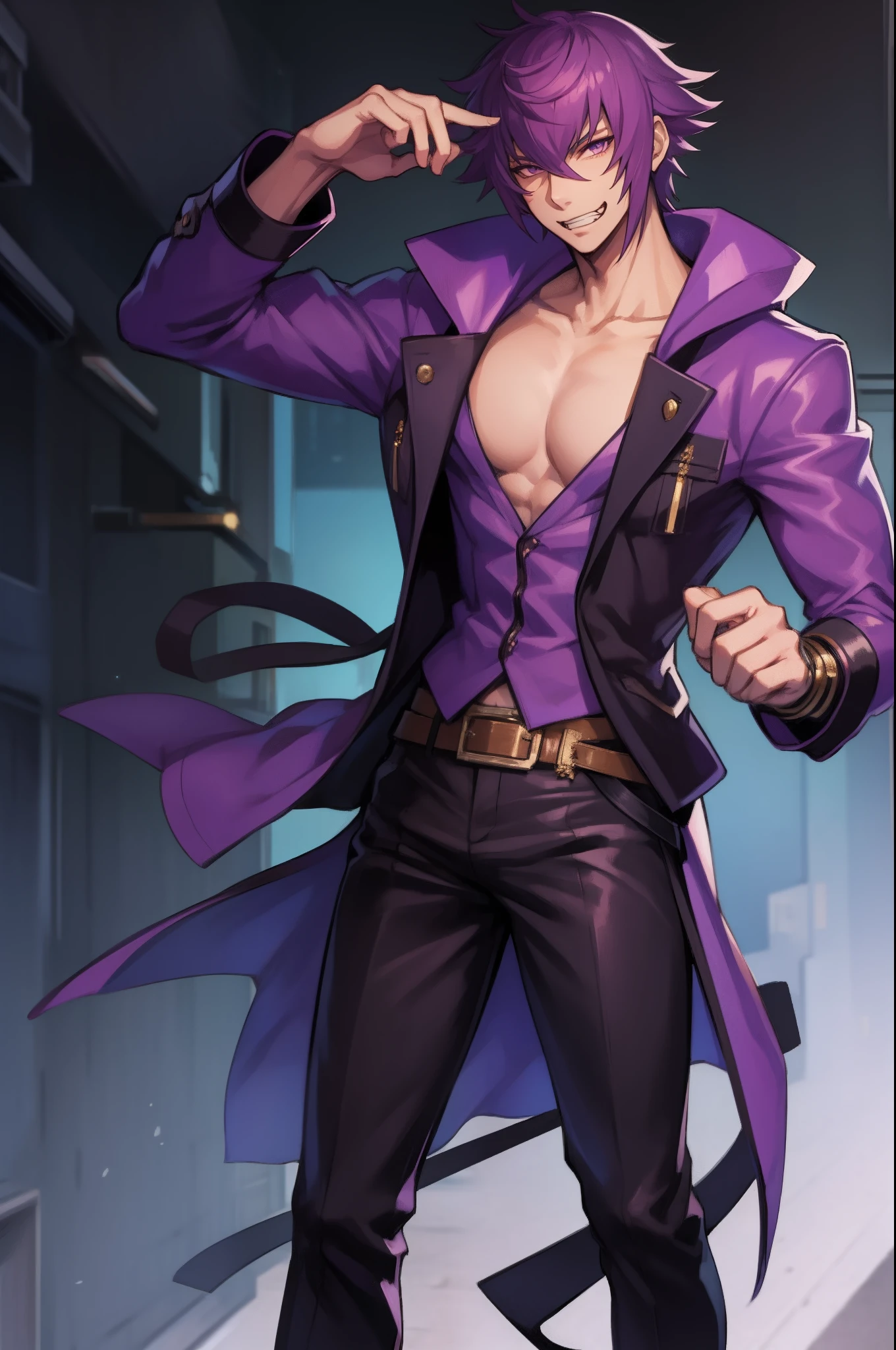 mirokujiyuuya, yanke, short hair, purple hair, ,, vest, pants, ,, pullover, coat, smug, standing, solo focus, full body, walking, city, one character,, 1boy, glass, smug, arrogant,mid muscular,full clothed, muscular pec, black-shirt